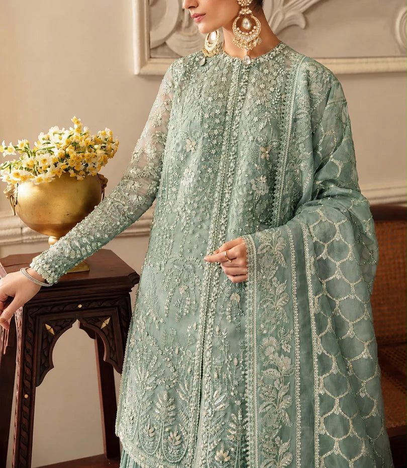 Mint Mirage: Embroidered Organza Shirt with Pleated Lehenga | Ready To Wear